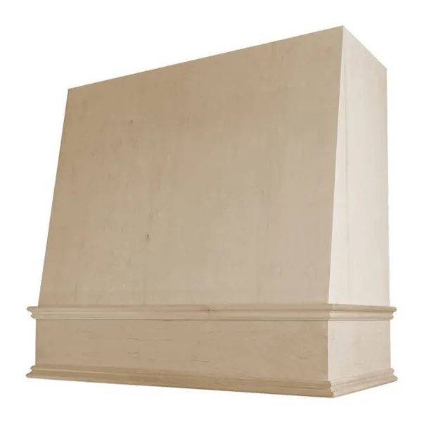 Angled raw wood range hood with base trim
