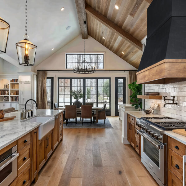 Custom black wood range hood with stained apron detail