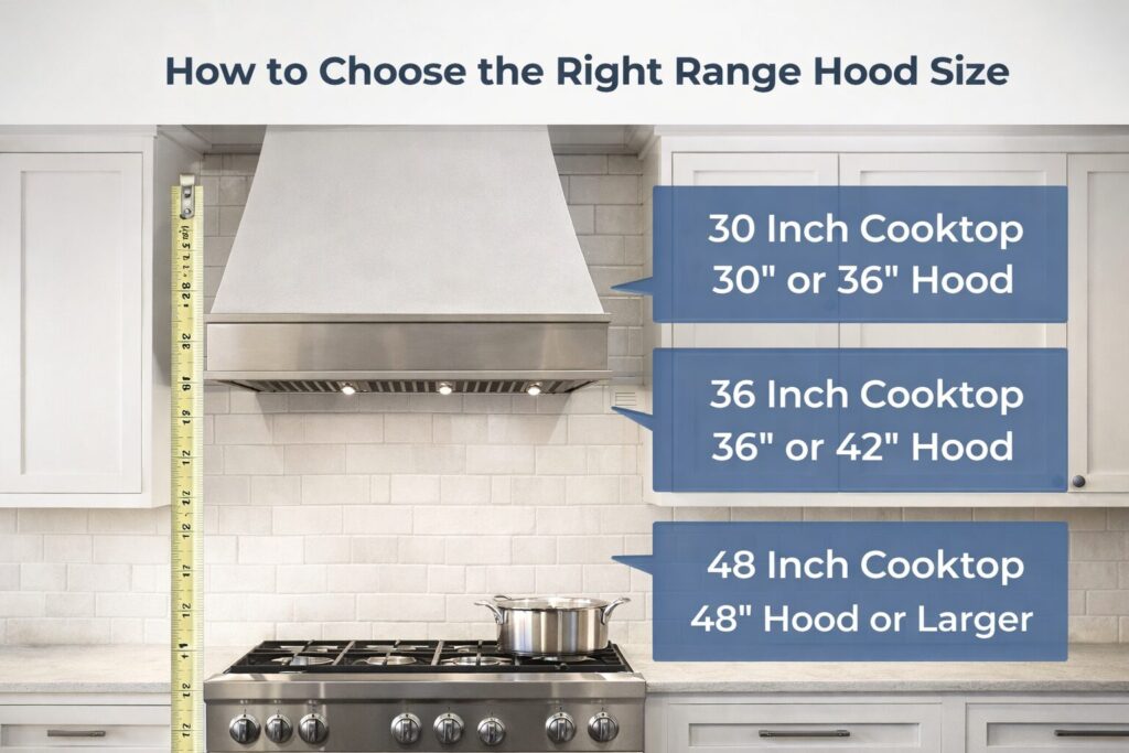 Range hood size guide showing recommended hood widths for 30, 36, and 48 inch cooktops