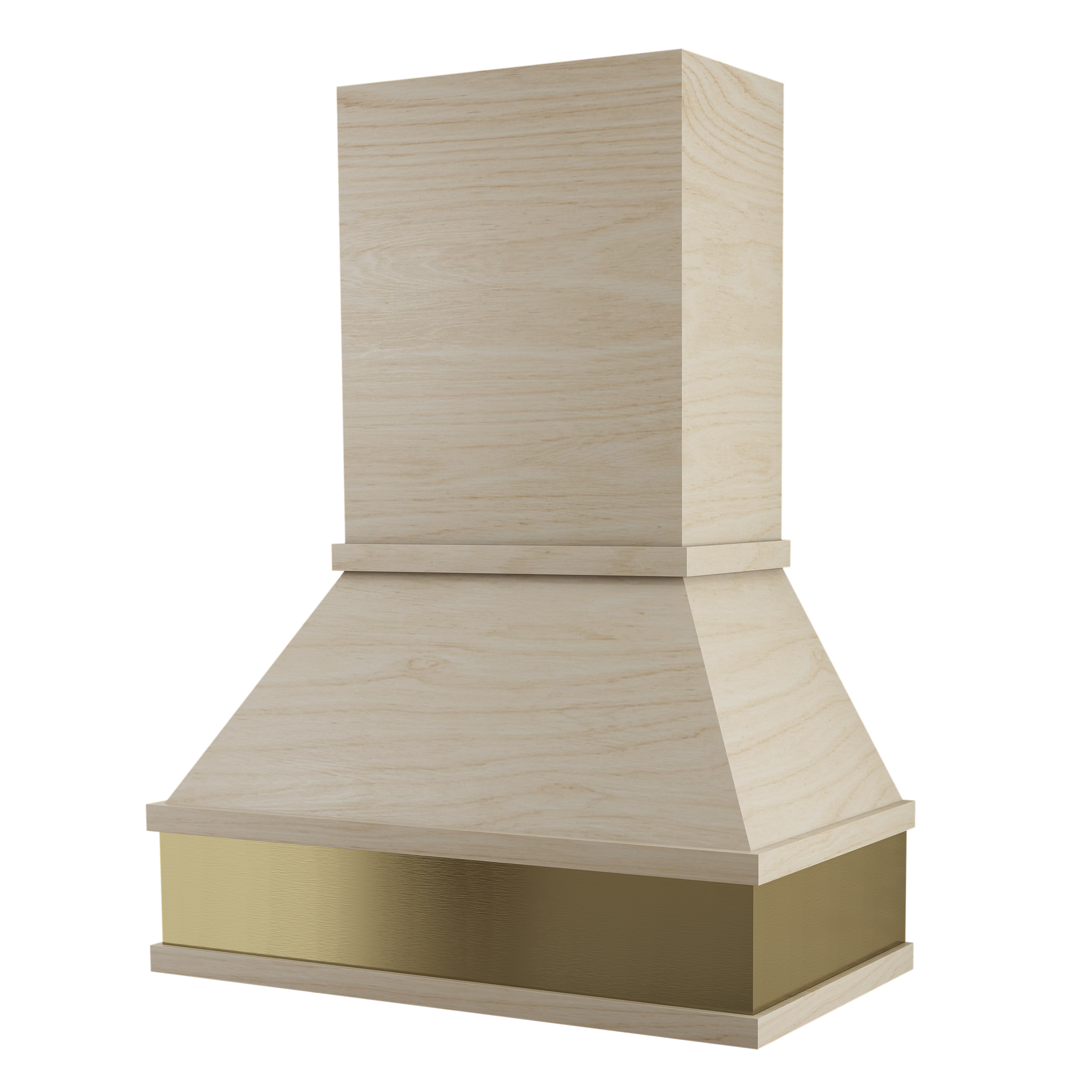 Chimney maple range hood with gold apron accent