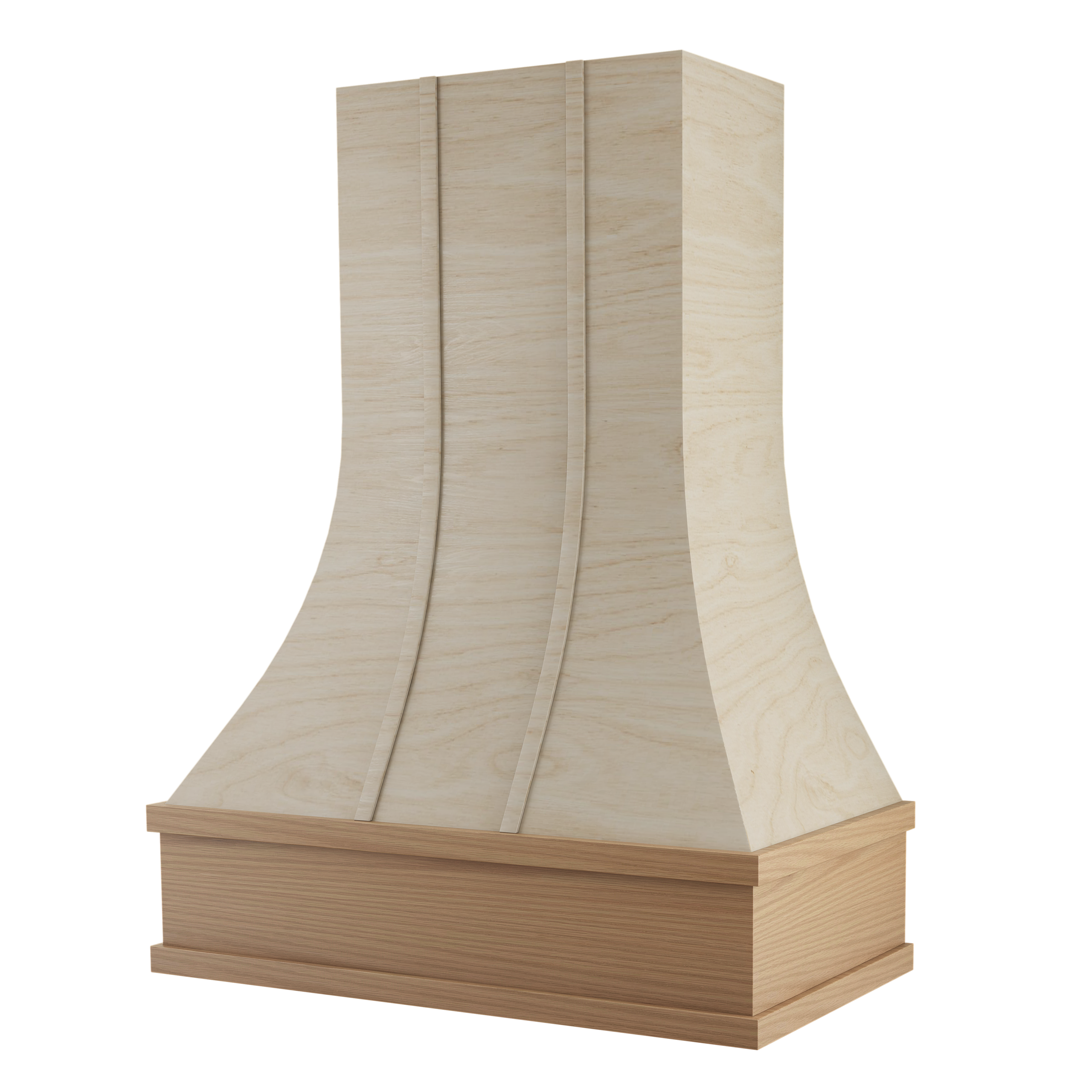 Heritage maple and white oak trimmed range hood with straps